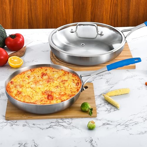 8.5-10-12 Inch Stainless Steel Pans Set with Lid, Detachable Handle
