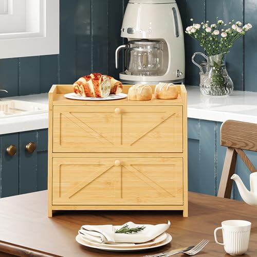 Vintage Double Layer Bread Box for Kitchen Counter Bamboo Bread Storage Container Large Capacity Bread Storage Bin