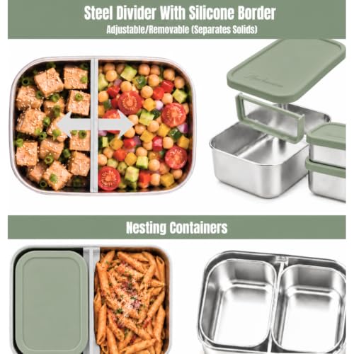 Flexibento Leak Proof 40 OZ Stainless Steel Lunch Box (Sage Set of 3: 1*40OZ + 2 *9 OZ)