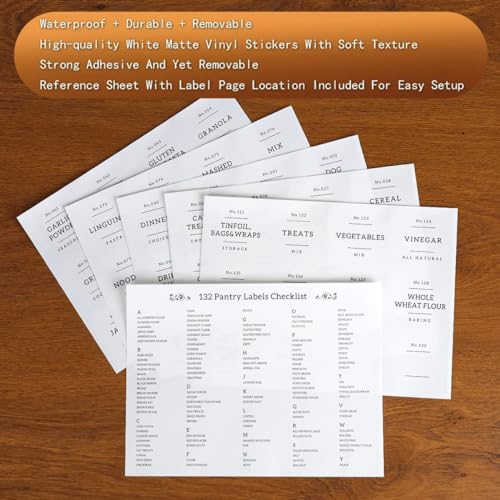 Set of 6 Glass Flour and Sugar jars with 132 Kitchen Pantry Labels