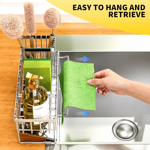 Kitchen Sink Caddy Organzier with High Brush Holder (Silver With Towel Rack / 9.25 inches)