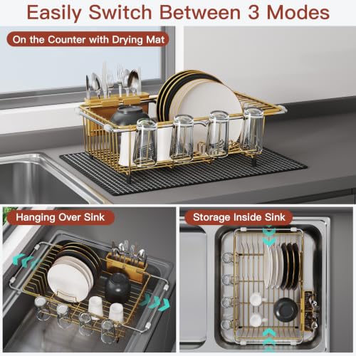 Gold Dish Drying Rack in Sink with Mat (Gold / For 12"-30"w Sink, with Mat)