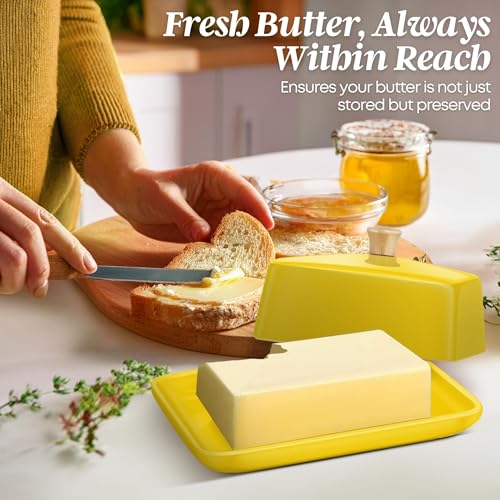 Large Ceramic Butter Dish with Lid for Countertop (Yellow / Large)