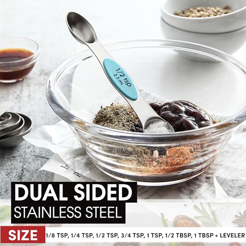 Stainless Steel 8 Magnetic Measuring Spoons (Blue (Aqua Sky) / 2-Pack)