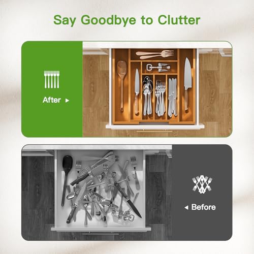Bamboo Expandable Silverware Drawer Organizer (Brown / Medium)