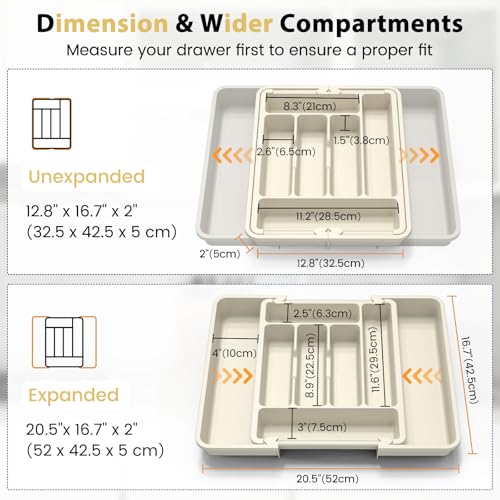 Large Silverware Organizer Tray for Kitchen Drawer Utensils Thicker (Light Beige)