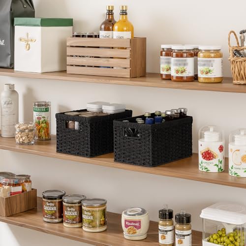 Wicker Storage Baskets for Organizing (Black (Paper Rope) / 2x 13"L x 8¼"W x 7"H)