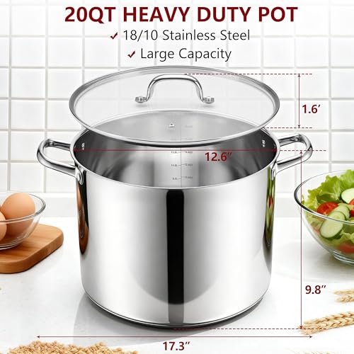 20-Quart 18/10 Stainless Steel Stock Pot with Lid, Large Heavy Duty Soup Pot Compatible with Electric, Gas, Induction and Gas Cooktops, Non-Toxic & Corrosion Resistant, Dishwasher Safe (20 Quarts)