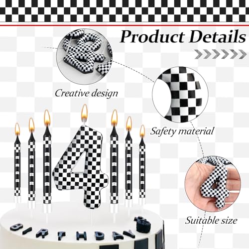 13 Pcs Racing Cars Themed Birthday Candles Black and White Race Number 4 Checkered Candle Cake Topper for Racing Car Party Decoration Supplies (13 Count)