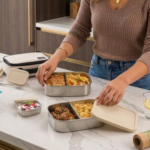 Flexibento Leak proof Stainless Steel Lunch Box Containers with Silicone Lids (ZA-Navy-47OZ-SetOf2)
