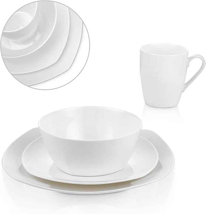 Stone Lain Bone China Soft Square 16 Piece Dinnerware Set, White