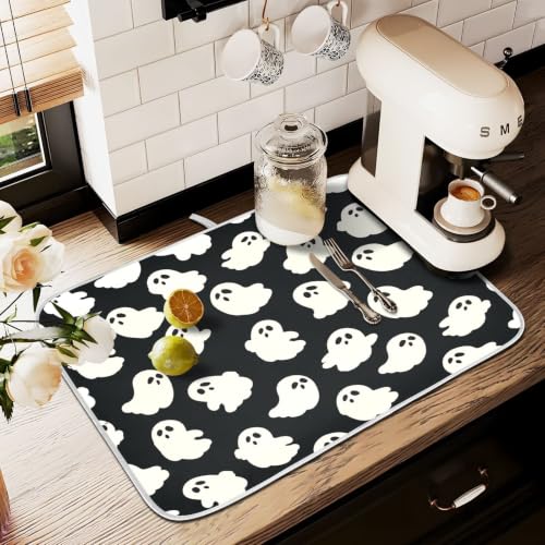 Halloween Cute Ghost Dish Drying Mat for Kitchen Counter Absorbent Microfiber Small Drying Pad Dish mats for Kitchen Countertops 16 x 18 Inch (Halloween Cute Ghost / 18" x 16")