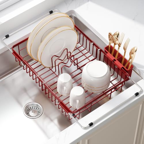 Red Dish Drying Rack Over the Sink with Utensil Holder (Red / For 12.5"-30"w Sink, Expandable)