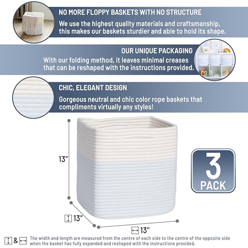 13 Inch Cube Storage Bins Cotton Rope Woven Baskets for Organizing 3 (Off White & Mixed Blue / 13 x 13 x 13 (Standard))