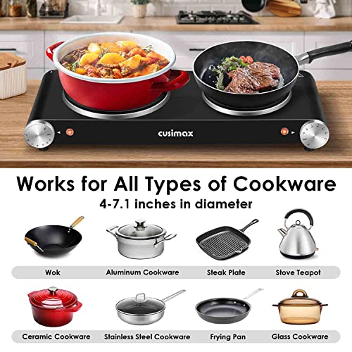Hot Plate for Cooking 1800W Portable Electric Double Burner Countertop Cooktop Cast Iron Stove Heating Plate with 7 Power Levels Adjustable Temp Control (Black / Double)