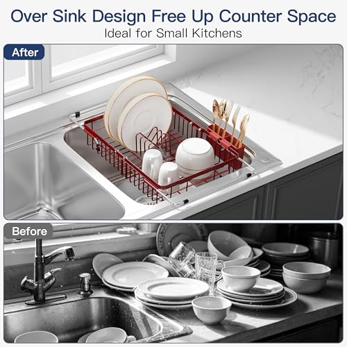 Red Dish Drying Rack Over the Sink with Utensil Holder (Red / For 12.5"-30"w Sink, Expandable)