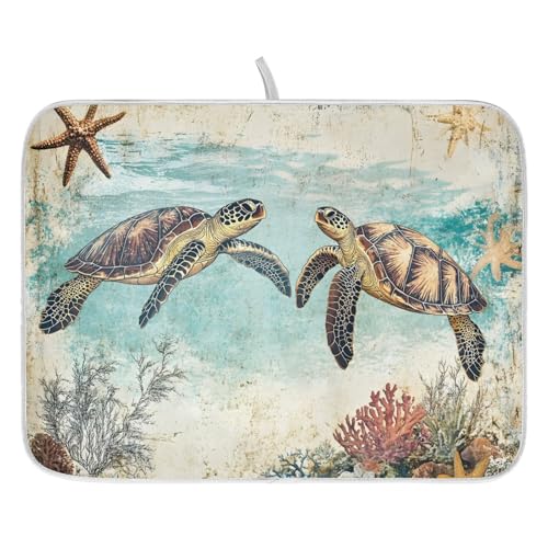Vintage Ocean Sea Turtle04 Dish Drying Mat for Kitchen Counter Absorbent Microfiber Small Drying Pad Dish mats for Kitchen Countertops 16 x 18 Inch (Sea Turtle / 18" x 16")