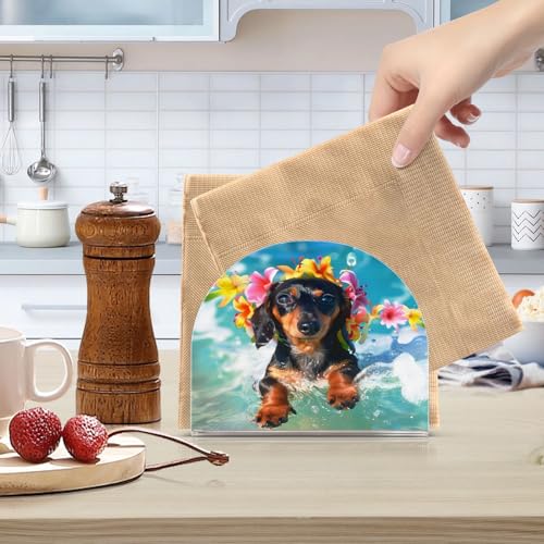 Cute Dachshund Puppy Surfing Napkin Holder for Table Paper Napkins Holder Acrylic Tissue Dispenser Kitchen Dining Room Bathroom Party Car Decor (NH073 / 4.1x4.9x1.97in)