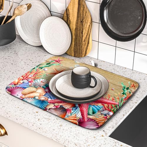 Dish Drying Mat for Kitchen Counter (Beach Starfish 0317 / 18" x 16")