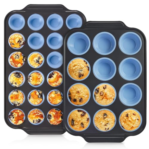 2 Pack 12 Cup and Mini 24 Cup Silicone Muffin Pans for Baking with Metal Frame (Blue / 12-Cup + 24-Cup Set)