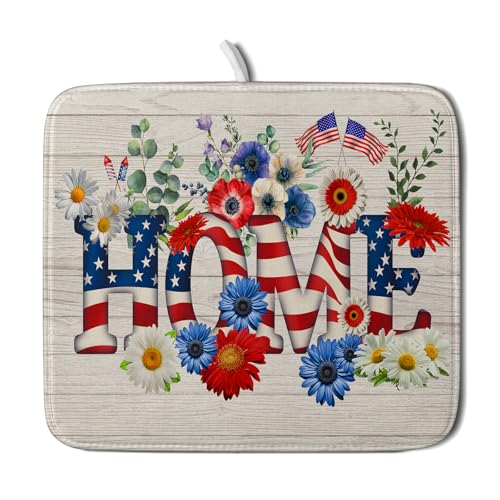 American Flag Dish Drying Mat Home Flowers Absorbent Dishes Pad for Kitchen Counter 16 X 18 In (Patriotic Home 605 / 18" x 16")