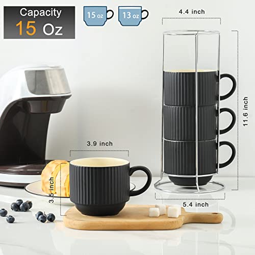 Coffee Mug Ceramic Set of 4 with Stand (Matte Black / 15 Ounces)