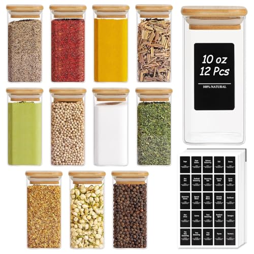 Square Glass Spice Jars with Labels 10 oz 12 Pack with Bamboo Lids (12 Count)