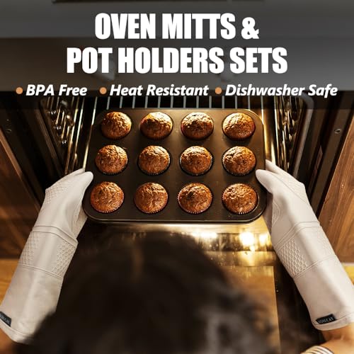 Silicone Oven Mitts and Pot Holders Sets (Beige)