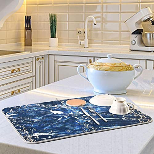 Super Absorbent Dish Drying Mat (Marble Black Navy Blue / 18" x 24")