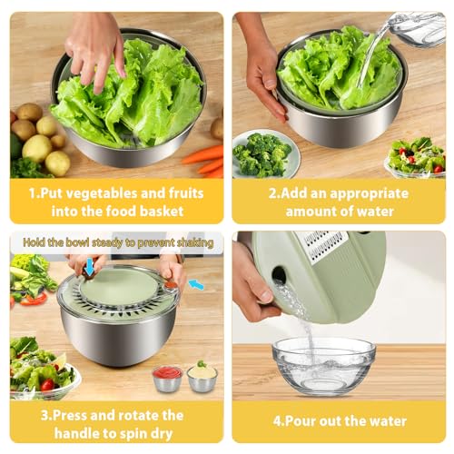 Stainless Steel Salad Spinner Large with 5 Blades Slicer (Green-accessory)