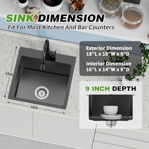 Black 18x18 In Drop In Kitchen And Bar Sink (18x18 Black)