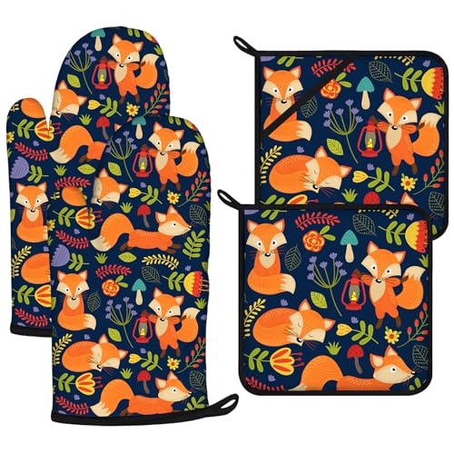 Cute Fox Oven Mitts and Pot Holders Sets 4Pcs (Cute Fox)