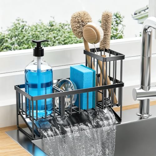 Sink Caddy Sponge Holder for Kitchen with Brush Holder and Stainless Steel Self Drain Tray (9.25'' / Black)