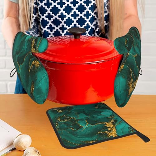 Turquoise Marble Oven Mitts and Pot Holders Sets of 3 Kitchen Decor (Green Marble)
