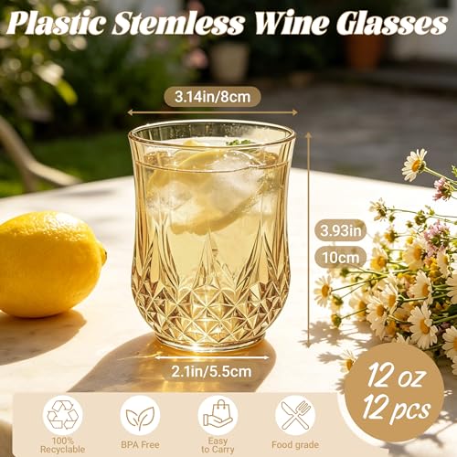 12 Pack Plastic Stemless Wine Glasses (Gold)