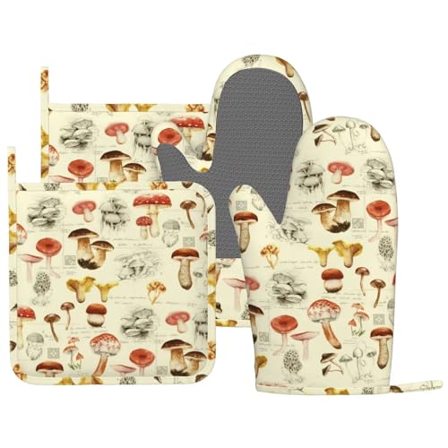 Mushroom Oven Mitts and Pot Holders Sets Silicone Vintage Mushrooms Kitchen Mitts Potholders Heat Resistant 4Pcs Oven Gloves Hot Pads for Kitchen Baking Cooking BBQ Grilling (Mushroom)