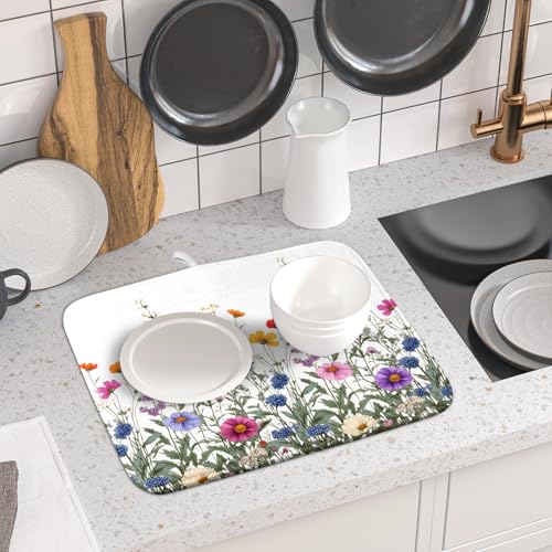 Flower Herbs Dish Drying Mat Botanical Plant Dishes Drainer Mat 16x18 inch Reversible Microfiber Drying Dish Pad for Kitchen Counter Decor (Flower Herbs Plant / 16" x 18")