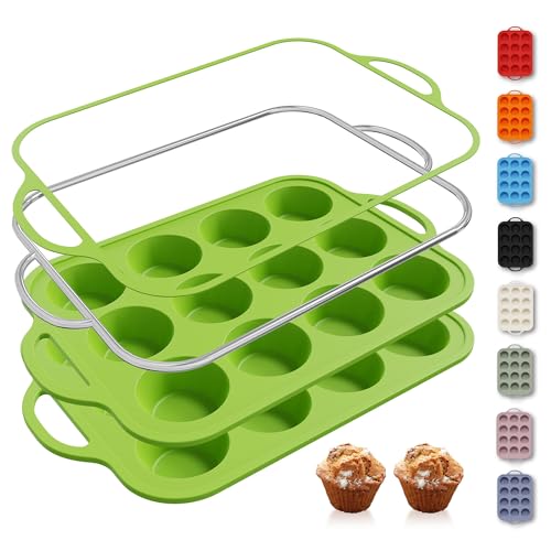 2 Packs 12 Cups Silicone Muffin Pan with Metal Reinforced Frame Regular Size Cupcake Pan Tray Egg Bites Silicone Circle Cookie Molds Muffin Tin Tart Pans Baking Sheet Set for Breakfast Sandwiches (Regular / Green)
