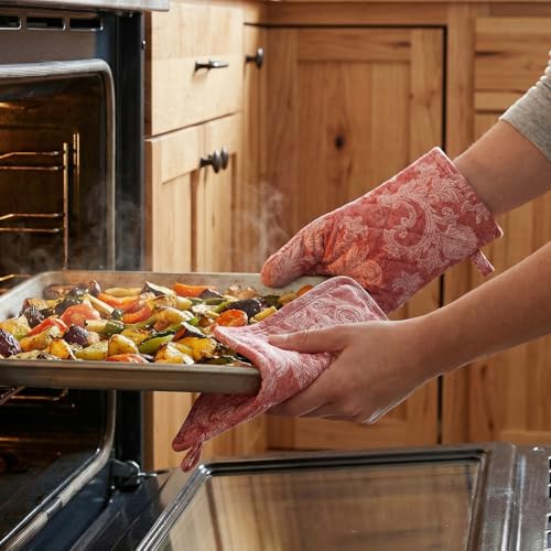 Oven Mitts and Pot Holders Set (Oven Glove + Pot Holder / Floral Red)