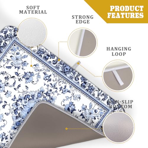 Boho Floral Dish Drying Mat 18x24 Inch Blue Leaves Kitchen Drying Pad Reversible Absorbent Dish Drainer Rack Mats Counter Tableware Decor (Blue Boho Floral / 18" x 24")
