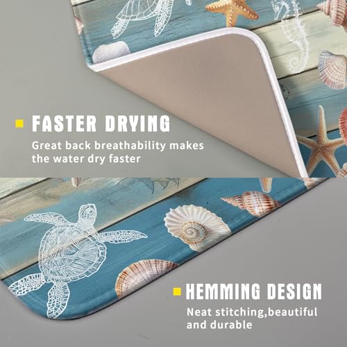 Coastal Starfish Dish Drying Mat Summer Sea Turtle Drainer Rack Mat Absorbent Microfiber Kitchen Countertop Protector Dishes Pad 16x18 inch (Starfish Turtle Wood / 16" x 18")