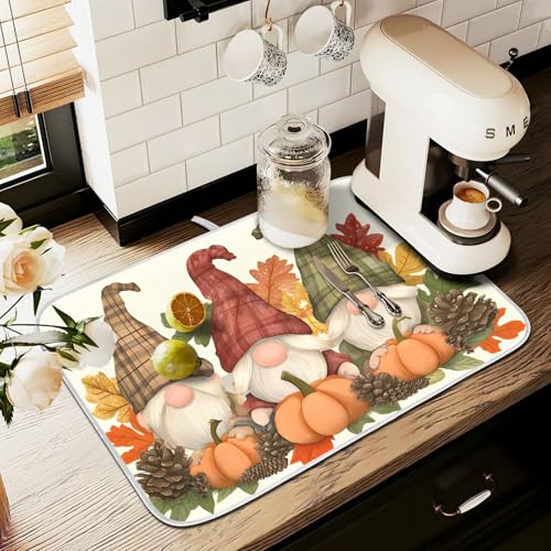 Fall Pumpkin Gnomes Maple Leaves Autumn3 Dish Drying Mat for Kitchen Counter Absorbent Microfiber Small Drying Pad Dish mats for Kitchen Countertops 16 x 18 Inch (Thanksgiving Gnome / 18" x 16")