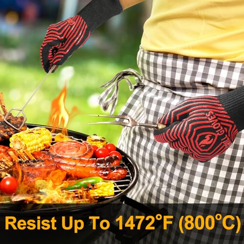 BBQ Gloves BBQ Accessories 1472℉ Extreme Heat Resistant (Black Red / One Size Fits Most(Long Cuff))