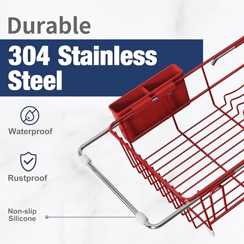 Red Dish Drying Rack in Sink with Drainboard and Utensil Holder (Red / For 12"-30"w Sink, with Drainboard)