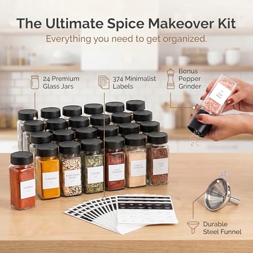 Glass Spice Jars with Label 24 PK (Square Spice Jars with Black Lids)