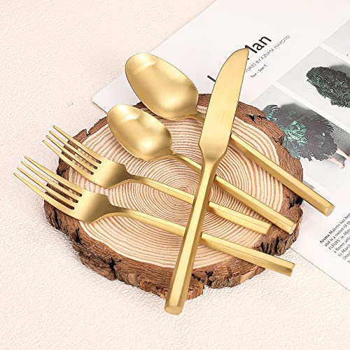 Matte Silverware Set Gold Flatware Set with Hexagon Handle 20 Pieces 18 (Matt gold)