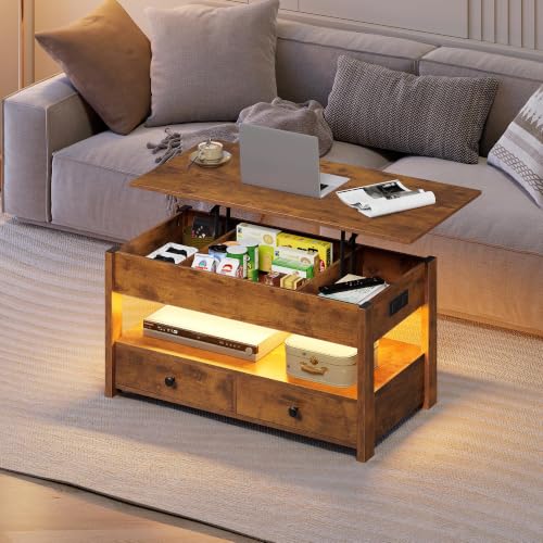 Lift Top Coffee Table with LED and 2 Drawers (Led+brown / 39" with Drawer)