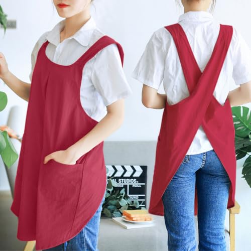 Japanese Linen Cross Back Kitchen Cooking Aprons for Men with Pockets for Baking Painting Gardening Cleaning Dark Red