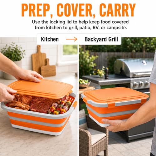 BBQ Prep Tub 16L Orange Collapsible Wash Basin with Drain Plug (Orange / X-Large)