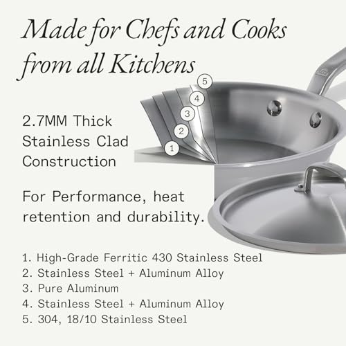 Cookware - 10-Inch Stainless Steel Frying Pan With Lid - 5 Ply Stainless Clad - Professional Cookware - Crafted in Italy - Induction Compatible (10" with Lid)